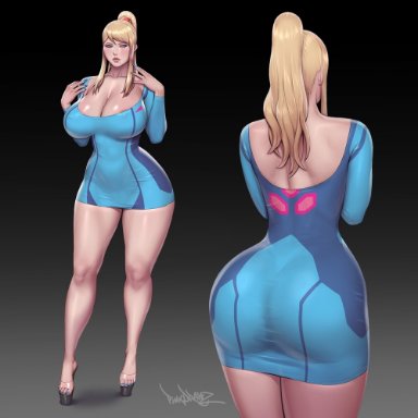 metroid, nintendo, samus aran, pinkdrawz, 1girls, bimbo, cleavage, female, female only, huge breasts, human, revealing clothes, skimpy, solo, solo female