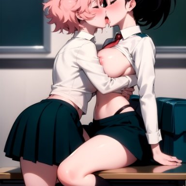 boku no hero academia, my hero academia, ashido mina, mina ashido, momo yaoyorozu, yaoyorozu momo, french kiss, kissing, tongue kiss, yuri, ai generated