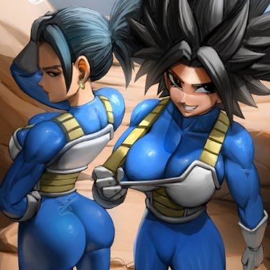 dragon ball, dragon ball super, caulifla, kale, elitenappa, 2girls, armor, ass, big ass, big breasts, black hair, bodysuit, breasts, bubble butt, busty