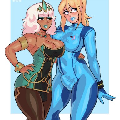 nintendo, riot games, qiyana yunalai, samus aran, samus aran (cosplay), loggus doggus, 2boys, arm around waist, armpits, armwear, big breasts, black panties, black pantyhose, blonde hair, blue bodysuit