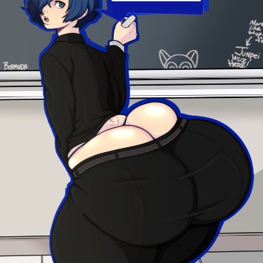 persona, makoto yuki, offscreen character, toriumi isako, bermuda art, 1boy, ass, ass bigger than head, ass focus, big ass, big butt, blue hair, bottom heavy, bubble butt, chalkboard