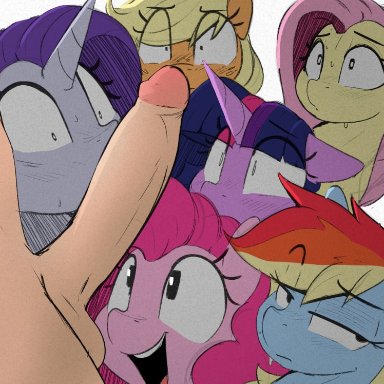 my little pony, applejack (mlp), fluttershy (mlp), pinkie pie (mlp), rainbow dash (mlp), rarity (mlp), twilight sparkle (mlp), welost, 1boy, 6girls, big penis, earth pony, human, human male, human on feral