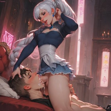 rwby, weiss schnee, akarugi, 1boy, 1futa, blowjob, blue eyes, clothing, cum, cum in mouth, dickgirl, domination, ejaculation, face fucking, futa on male