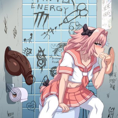 fate (series), fate/grand order, astolfo (fate), ember cool, 1femboy, 3boys, balls, big penis, blowjob, blush, clothing, fat cock, femboy, gigantic penis, girly