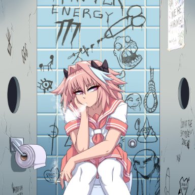 fate (series), fate/grand order, astolfo (fate), ember cool, 1boy, 1femboy, clothing, femboy, girly, glory hole, male, navel, smoking, stockings, toilet