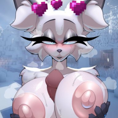 microsoft, minecraft, mojang, xbox game studios, fox (minecraft), foxgumie, anthro, arctic fox, arctic fox (minecraft), big breasts, black body, black fur, blue eyes, blush, bodily fluids