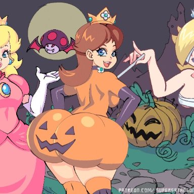 halloween, mario (series), nintendo, super mario bros., princess daisy, princess peach, princess rosalina, supersatanson, 3girls, alternate breast size, areolae, ass, ass shake, big breasts, bouncing ass