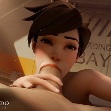 blizzard entertainment, overwatch, tracer, grand cupido, 1girls, brown eyes, brown hair, earrings, fellatio, female, freckles, human, nude, 1080p, 3d