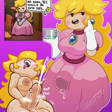 mario (series), nintendo, paper mario, paper peach, princess peach, lab18subfloor, 1futa, after transformation, ahe gao, big breasts, blonde hair, blush, breasts, clothed, clothing