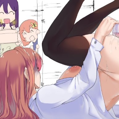 doki doki literature club, yuri (doki doki literature club), carmach101, 1boy, 4girls, buttplug, caught in the act, caught masturbating, dildo, masturbation, thighhighs, upside-down, vaginal masturbation, vibrator