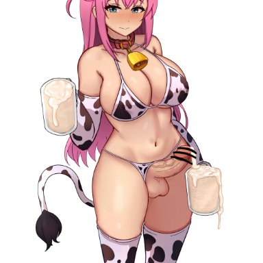 bocchi the rock!, gotoh hitori, animal print, bikini, bikini bottom aside, blue eyes, blush, clothing aside, cow print, cow print bikini, cow print gloves, cow print thighhighs, cow tail, cube hair ornament, cum