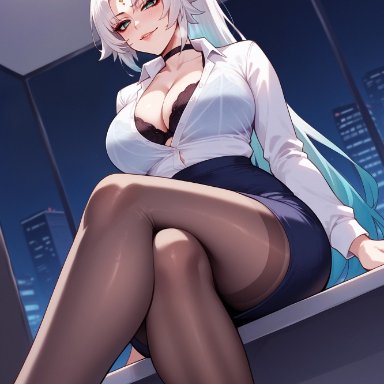 honkai: star rail, feixiao (honkai: star rail), balecxi, black bra, collared shirt, crossed legs, forehead jewel, from below, looking at viewer, office lady, pantyhose, ponytail, red eyeshadow, two tone hair, white hair