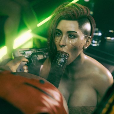 cyberpunk 2077, original, dexter deshawn, v (cyberpunk 2077), karfex, 1boy, 1girls, blowjob, cyberpunk, dark-skinned male, forced oral, freckles, oral, wet, 3d