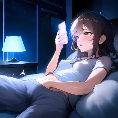 original, original character, izacru0, 1girls, bangs, bed, bedroom, blush, brown eyes, brown hair, cellphone, clothed, clothed female, clothed masturbation, clothing