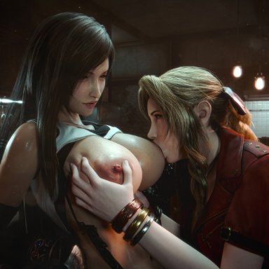 final fantasy, final fantasy vii, aerith gainsborough, tifa lockhart, ceeeeekc, 2girls, big breasts, bra lift, breast grab, breast squeeze, breast squish, eye contact, naughty face, nipple suck, nipples