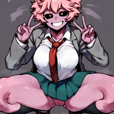 my hero academia, ashido mina, mina ashido, milkyslice, black sclera, black socks, breasts, colored sclera, colored skin, double v, female, green skirt, grin, horns, jacket