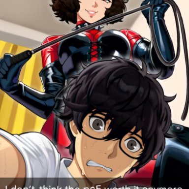 persona, persona 5, playstation, snapchat, ren amamiya, sadayo kawakami, neggoartz, 1boy, 1girls, black eyes, black hair, bodysuit, brown eyes, brown hair, collar