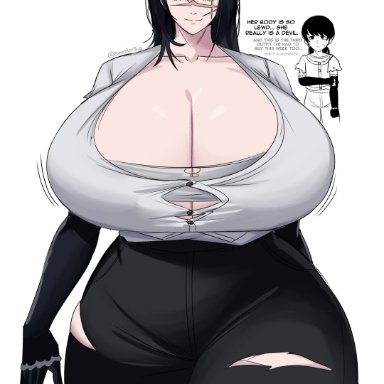 chainsaw man, mitaka asa, yoru (chainsaw man), emmarrgus, 2girls, asa mitaka, big breasts, breast expansion, breasts, bursting breasts, devil, female, female focus, female only, growth