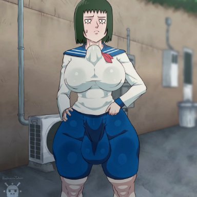 mob psycho 100, kurata tome, hashimiro takahi, 1dickgirl, 1futa, 1futanari, alternate ass size, areola, areola bulge, areolae, areolae peeking, areolae visible through clothing, autopaizuri, autotitfuck, ball bulge