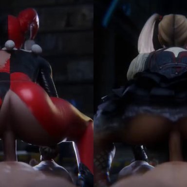 batman (series), batman: arkham knight, harley quinn, harley quinn (arkham knight), harley quinn (classic), ulfsark3d, 1boy, 1girls, big ass, big breasts, big penis, reverse cowgirl position, ripped bodysuit, ripped clothing, sideboob