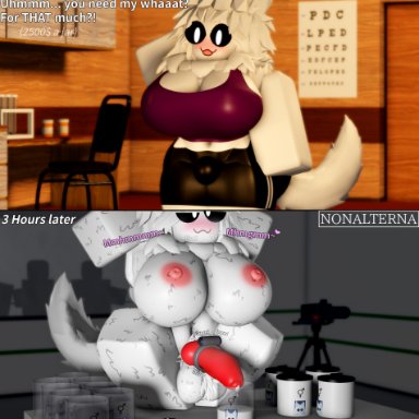 roblox, robloxian, nonalterna, :3, 1futa, anthro, being recorded, being watched, big balls, big breasts, big penis, black and white eyes, black eyes, blush, bulge