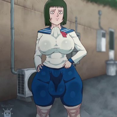 mob psycho 100, kurata tome, hashimiro takahi, 1dickgirl, 1futa, 1futanari, alternate ass size, areola, areola bulge, areolae, areolae peeking, areolae visible through clothing, autopaizuri, autotitfuck, ball bulge