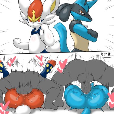 nintendo, pokemon, anon, cinderace, generation 4 pokemon, generation 8 pokemon, lucario, pokemon (species), enigi09, anthro, anthro penetrated, ass, big butt, blue body, blue fur