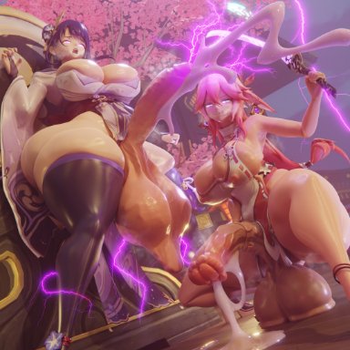 genshin impact, raiden shogun, yae miko, holdingnuts, 2futas, animal genitalia, balls, breasts, cum, duo, ejaculation, fox ears, futa on futa, futa only, futanari