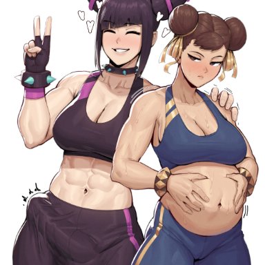 street fighter, street fighter iv (series), chun-li, juri han, speedl00ver, abs, blush, bracelet, brown hair, bulge, collar, covered penis, double bun, erection, erection under clothes