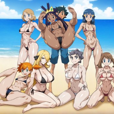 nintendo, pokemon, pokemon (anime), ash ketchum, cynthia (pokemon), dawn (pokemon), diantha (pokemon), iris (pokemon), kasumi (pokemon), may (pokemon), misty, satoshi (pokemon), serena (pokemon), yxyyxy, 1boy