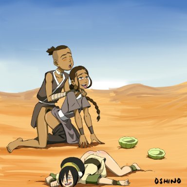 avatar the last airbender, katara, sokka, toph bei fong, oshino, blush, blushing, brother and sister, choker, desert, drunk, incest, necklace, outdoors, threesome