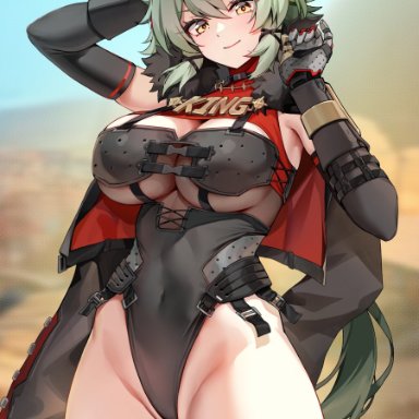 zenless zone zero, caesar king, caesar king (zenless zone zero), foxyreine, adapted costume, arm up, black gloves, black horns, black jacket, black leotard, black thighhighs, blurry, breasts, cleavage, closed mouth