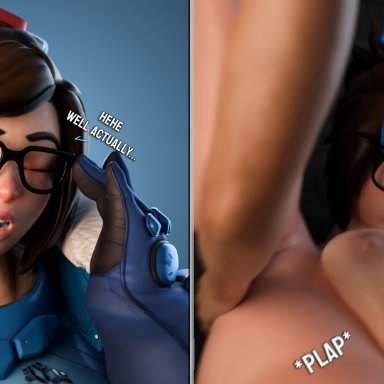 overwatch, mei (overwatch), smitty34, 1girls, adjusting glasses, breasts, breasts out, closed eyes, coat, fur trim, glasses, gloves, mating press, naughty face, ponytail