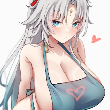 honkai (series), honkai: star rail, feixiao (honkai: star rail), xlyami, apron, arms behind back, blue apron, blue eyes, breasts, cleavage, closed mouth, collarbone, female, grey hair, heart