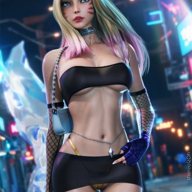 k/da all out series, league of legends, ahri, k/da all out ahri, therealzoh, 1girls, abs, athletic female, bare midriff, choker, fishnets, fox ears, fox girl, hair highlights, large breasts