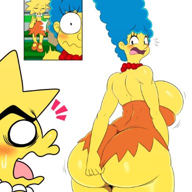 20th century fox, 20th century studios, the simpsons, lisa simpson, lisa simpson (cosplay), marge simpson, sssonic2, 2girls, accidental exposure, ass, ass focus, big ass, big breasts, big butt, blue hair