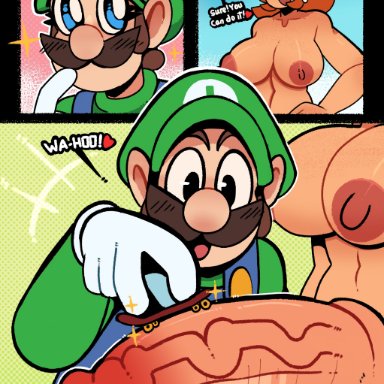 mario (series), nintendo, luigi, princess daisy, thegreyzen, thehornyzen, 1boy, 1futa, balls, big breasts, breasts, completely nude, erection, futa with male, futanari