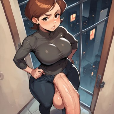 the incredibles, helen parr, grapesss, 1futa, big ass, big balls, blush, breasts, erection, foreskin, futanari, huge breasts, huge cock, large penis, looking at viewer