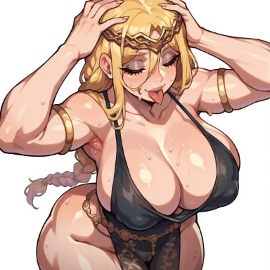 elden ring, fromsoftware, queen marika the eternal, rocksolidart, :p, 1girls, armpits, blonde hair, breasts, cameltoe, cleavage, closed eyes, female, female only, huge breasts