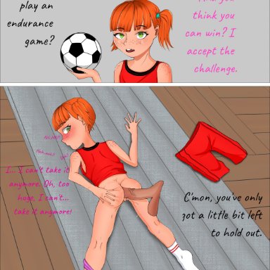 original, original character, 1girl, petite, petite body, petite female, smaller female, huge cock, ass, uncensored, orange hair, green eyes, sportswear, sports uniform, sport