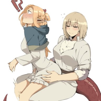 dungeon meshi, falin touden, falin touden (tallman), marcille donato, evaleen d, !?, 2girls, blonde hair, blue capelet, body fur, capelet, clothed sex, dragon tail, elf, hood