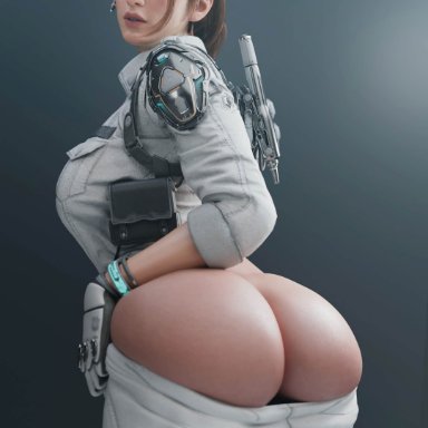 nexon, the first descendant, hailey (the first descendant), batesz, ass, ass focus, booty, brown hair, dark hair, huge ass, jeans, light skin, light-skinned female, looking back, pants