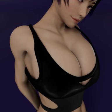 tekken, tekken 8, reina mishima, 1girls, arms behind back, big breasts, bouncing breasts, breasts, cleavage, large breasts, looking at viewer, purple hair, render, short hair, 3d