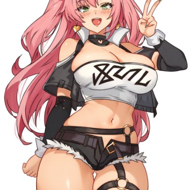 zenless zone zero, nicole demara, reus, :d, 1girls, arm behind back, ass visible through thighs, black jacket, black ribbon, blue nails, blush, breasts, cleavage, crop top, cropped jacket