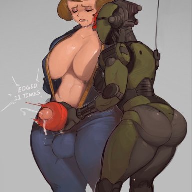 fallout, assaultron, character request, evil tradesman, 1futa, 1girls, artificial vagina, balls, big ass, big balls, big breasts, big penis, breasts, brown hair, closed eyes