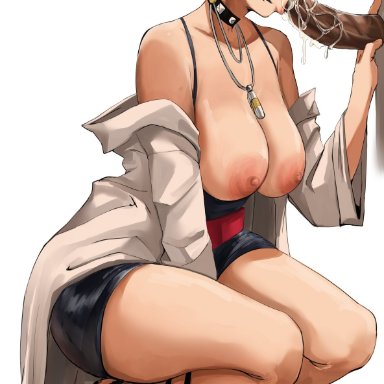 megami tensei, persona, persona 5, tae takemi, xiiicaelum, 1girls, bare shoulders, big breasts, black hair, blowjob, breasts, breasts out, choker, coat, covered ears