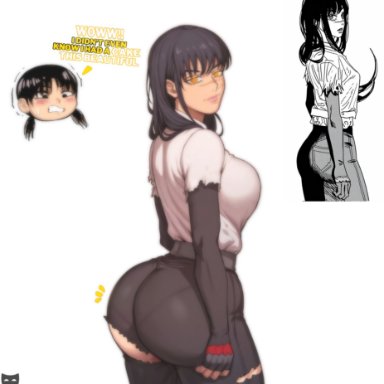 chainsaw man, mitaka asa, yoru (chainsaw man), z-art, ass, big ass, big butt, black hair, black pants, looking at viewer, english text, tagme