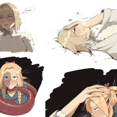 dungeon meshi, falin touden, falin touden (chimera), marcille donato, evaleen d, ..., 2girls, blonde hair, blue robe, blush, bondage, bound, bow, braid, dragon tail