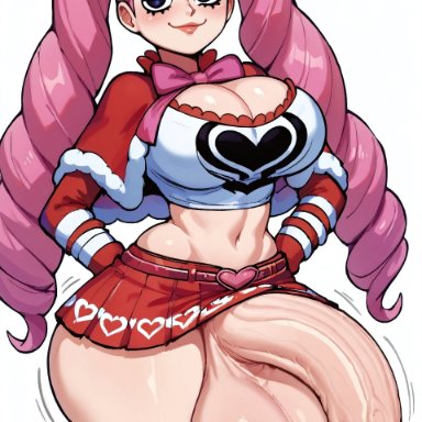 one piece, perona, 1futa, abs, arms behind back, ass, balls, ballsack, big ass, big balls, big breasts, big penis, black eyes, blush, bow