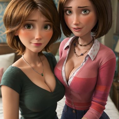 bee movie, big hero 6, disney, dreamworks, marvel, marvel comics, paramount pictures, aunt cass, cass hamada, vanessa bloome, fantasyai, 2girls, big ass, big breasts, breasts